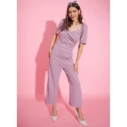 Generic Women's Polyester Lycra Solid Puff Sleeve Jumpsuit (Lavender) - Image 3