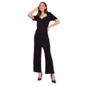 Generic Women's Polyester Lycra Solid Puff Sleeve Jumpsuit (Black)