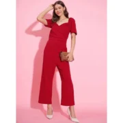 Generic Women's Polyester Lycra Solid Puff Sleeve Jumpsuit (Red) - Image 4