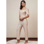 Generic Women's Polyester Shimmer Self Design Short Sleeve Jumpsuit (Gold) - Image 3