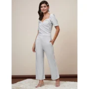 Generic Women's Polyester Shimmer Self Design Short Sleeve Jumpsuit (Silver) - Image 3