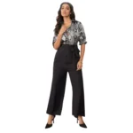 Generic Women's Satin And Polyester Floral Half Sleeves Jumpsuit (Grey - Black)