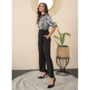 Generic Women's Satin And Polyester Floral Half Sleeves Jumpsuit (Grey - Black) - Image 4