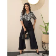 Generic Women's Satin And Polyester Floral Half Sleeves Jumpsuit (Grey - Black) - Image 3