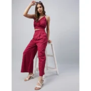 Generic Women's Cotton Linen Solid Sleeveless Crop Top and Palazzo Set (Maroon) - Image 5