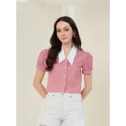 Generic Women's Cotton Checkered Half Sleeve Shirt (Red - White) - Image 2