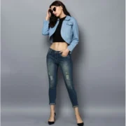 Generic Women's Denim Solid 3-4th Sleeves Shrug (Blue) - Image 3