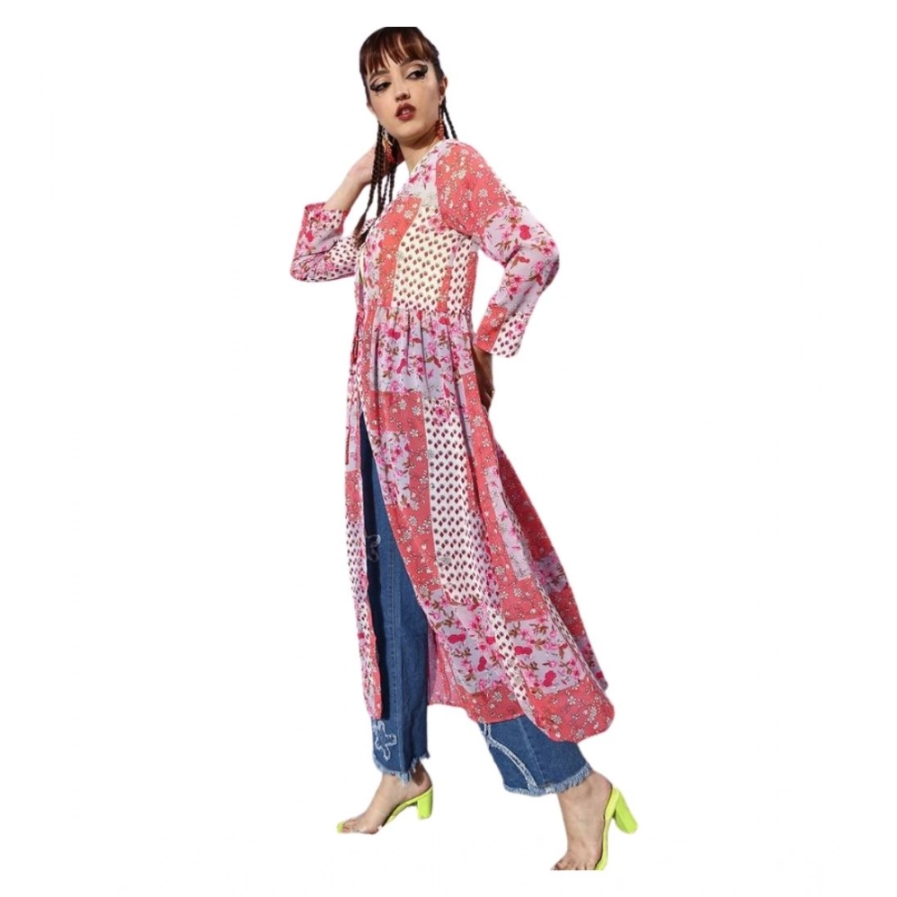 Generic Women’s Polyester Floral Long Sleeves Shrug (Pink-Coral)