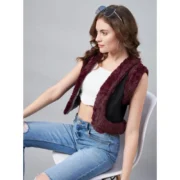 Generic Women's Denim And Fur Solid Sleeveless Shrug (Black - Maroon) - Image 2