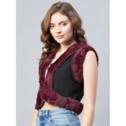 Generic Women's Denim And Fur Solid Sleeveless Shrug (Black - Maroon) - Image 3