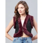 Generic Women's Denim And Fur Solid Sleeveless Shrug (Black - Maroon) - Image 5