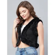 Generic Women's Denim And Fur Solid Sleeveless Shrug (Black) - Image 3