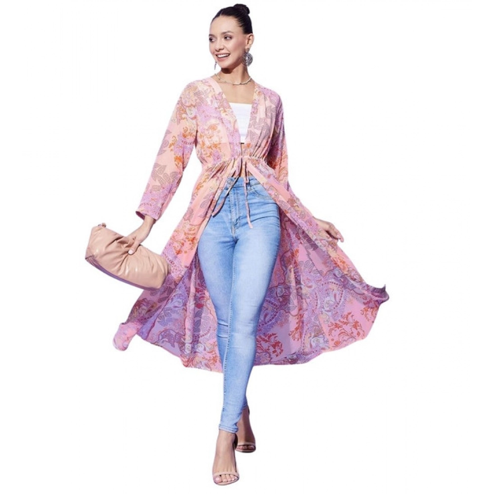Generic Women’s Polyester Floral Long Sleeves Shrug (Peach)