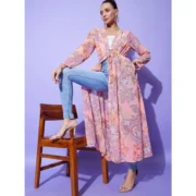Generic Women's Polyester Floral Long Sleeves Shrug (Peach) - Image 2