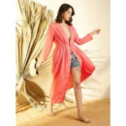 Generic Women's Polyester Floral Long Sleeves Shrug (Pink) - Image 3