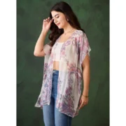Generic Women's Chiffon Printed Short Sleeves Shrug (White - Purple) - Image 2