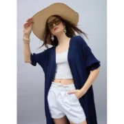 Generic Women's Rayon Crepe Lace Inserts 3-4th Sleeve Shrug (Navy) - Image 3