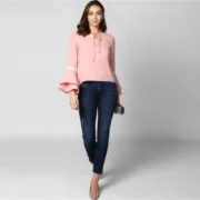 Generic Women's Polyester Solid Bell Sleeve Top (Pink) - Image 3