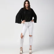 Generic Women's Polyester Pleated Balloon Sleeve Top (Black) - Image 3