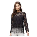 Generic Women's Lace Self Design Short Sleeve Top (Black)
