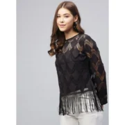 Generic Women's Lace Self Design Short Sleeve Top (Black) - Image 3
