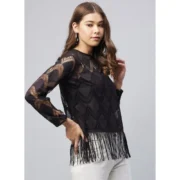 Generic Women's Lace Self Design Short Sleeve Top (Black) - Image 4