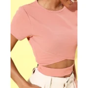 Generic Women's Polyester Lycra Solid Short Sleeve Top (Pink) - Image 2