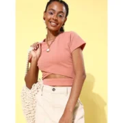 Generic Women's Polyester Lycra Solid Short Sleeve Top (Pink) - Image 3
