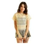 Generic Women's Polyester Lace Self Design Short Sleeve Top (Yellow)