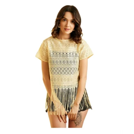 Generic Women's Polyester Lace Self Design Short Sleeve Top (Yellow)