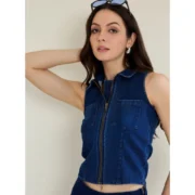 Generic Women's Denim Lycra Solid Sleeveless Top (Blue) - Image 3
