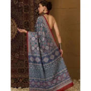 Generic Women's Crepe Printed Saree With Unstitched Blouse 5.5Mtr (Navy Blue) - Image 3