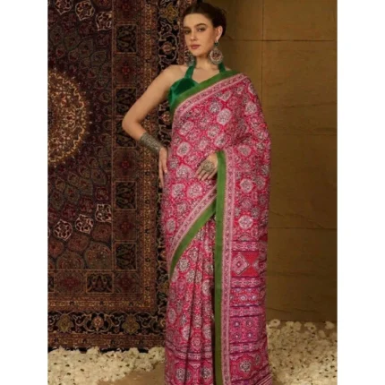 Generic Women's Crepe Printed Saree With Unstitched Blouse 5.5Mtr (Pink)