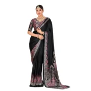 Generic Women's Crepe Printed Saree With Unstitched Blouse 5.5Mtr (Black) - Image 5