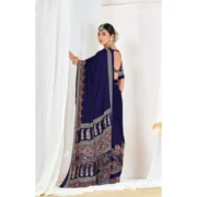 Generic Women's Crepe Printed Saree With Unstitched Blouse 5.5Mtr (Navy Blue) - Image 3