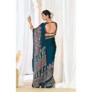 Generic Women's Crepe Printed Saree With Unstitched Blouse 5.5Mtr (Teal) - Image 3
