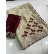 Generic Women's Star Georgette Embellished Saree With Unstitched Blouse 5.5Mtr (Beige-Maroon) - Image 3