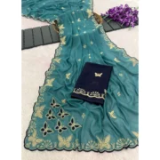Generic Women's Star Georgette Embellished Saree With Unstitched Blouse 5.5Mtr (Blue) - Image 3