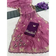 Generic Women's Star Georgette Embellished Saree With Unstitched Blouse 5.5Mtr (Dusty Purple-Blue) - Image 6