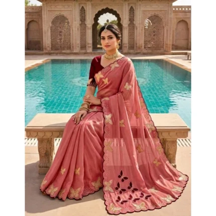 Generic Women's Star Georgette Embellished Saree With Unstitched Blouse 5.5Mtr (Dusty Coral-Maroon)