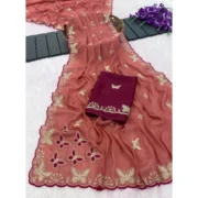 Generic Women's Star Georgette Embellished Saree With Unstitched Blouse 5.5Mtr (Dusty Coral-Maroon) - Image 4
