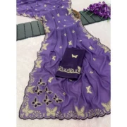 Generic Women's Star Georgette Embellished Saree With Unstitched Blouse 5.5Mtr (Lavender) - Image 6