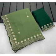 Generic Women's Star Georgette Embroidered Saree With Unstitched Blouse 5.5Mtr (Green)