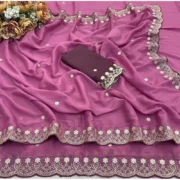 Generic Women's Star Georgette Embroidered Saree With Unstitched Blouse 5.5Mtr (Pink) - Image 2