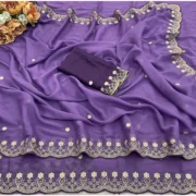 Generic Women's Star Georgette Embroidered Saree With Unstitched Blouse 5.5Mtr (Purple) - Image 2