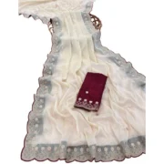 Generic Women's Star Georgette Embroidered Saree With Unstitched Blouse 5.5Mtr (Off White) - Image 3