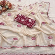 Generic Women's Star Georgette Embroidered Saree With Unstitched Blouse 5.5Mtr (Cream) - Image 2
