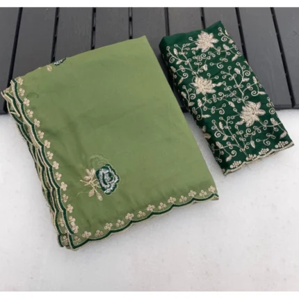 Generic Women's Star Georgette Embroidered Saree With Unstitched Blouse 5.5Mtr (Green)