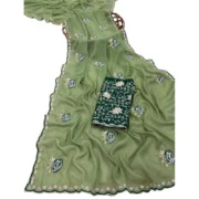 Generic Women's Star Georgette Embroidered Saree With Unstitched Blouse 5.5Mtr (Green) - Image 3