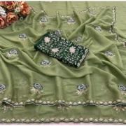 Generic Women's Star Georgette Embroidered Saree With Unstitched Blouse 5.5Mtr (Green) - Image 2